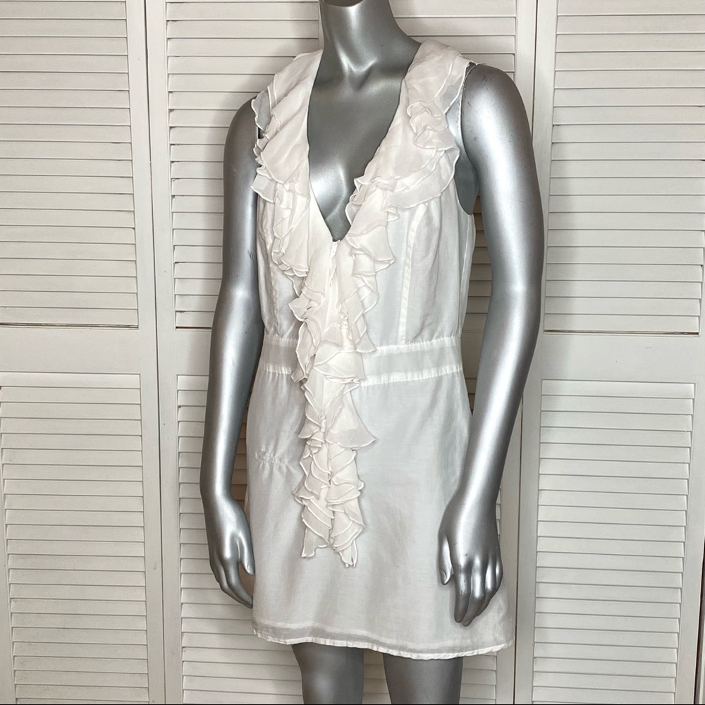 Vintage 2000s YOUNG FABULOUS & BROKE White Cotton Silk Ruffle Sleeveless Dress S